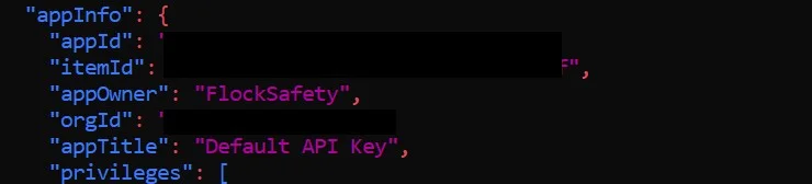 Redacted ArcGIS key details showing the owner FlockSafety and the title Default API Key.