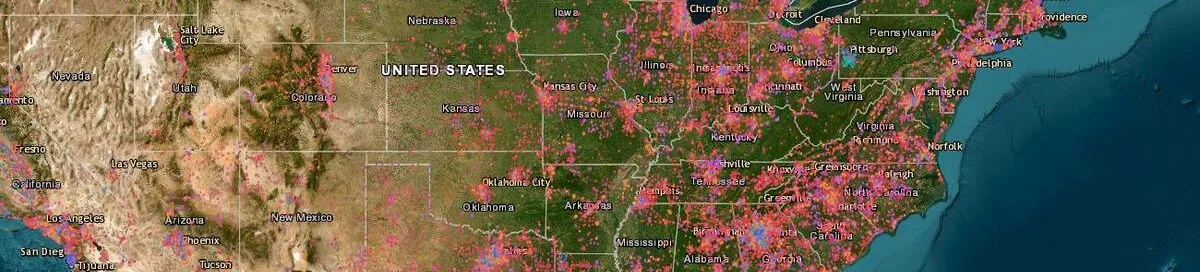 Satellite map of the central and eastern United States covered in dots, one for each Flock Safety device, densest from Texas to the East Coast.